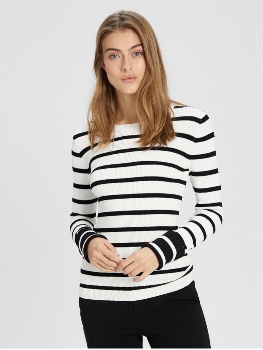 Theory Black and White Striped Crewneck Sweater